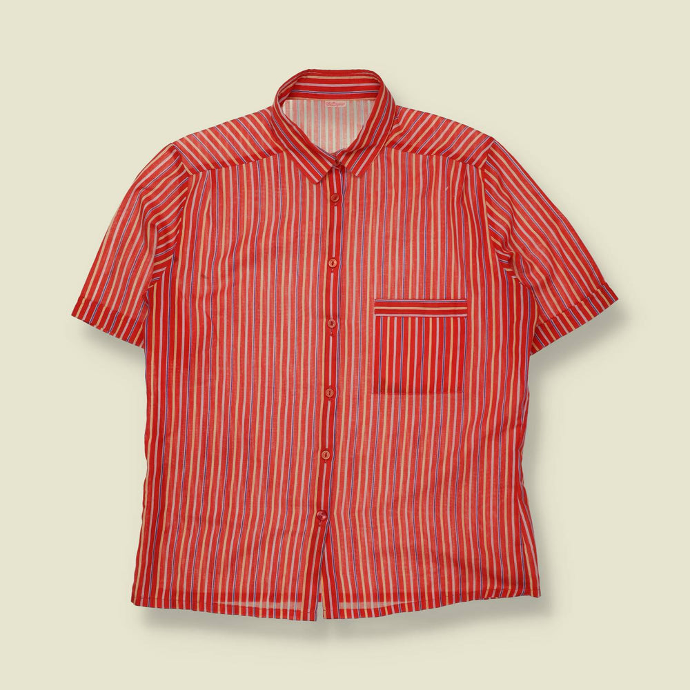 1980s | Red Multi-Stripe Short Sleeve Cotton Blouse - 14