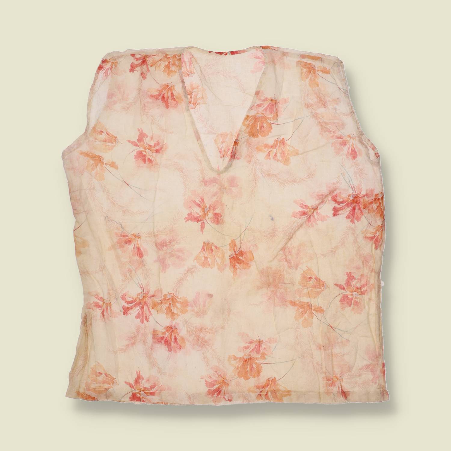 1980s | Pink Floral Print Sheer Cotton Sleeveless Blouse - 14