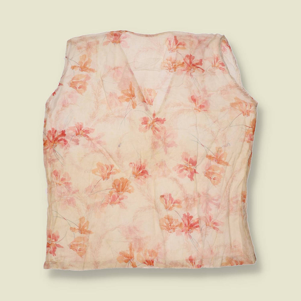 1980s | Pink Floral Print Sheer Cotton Sleeveless Blouse - 14