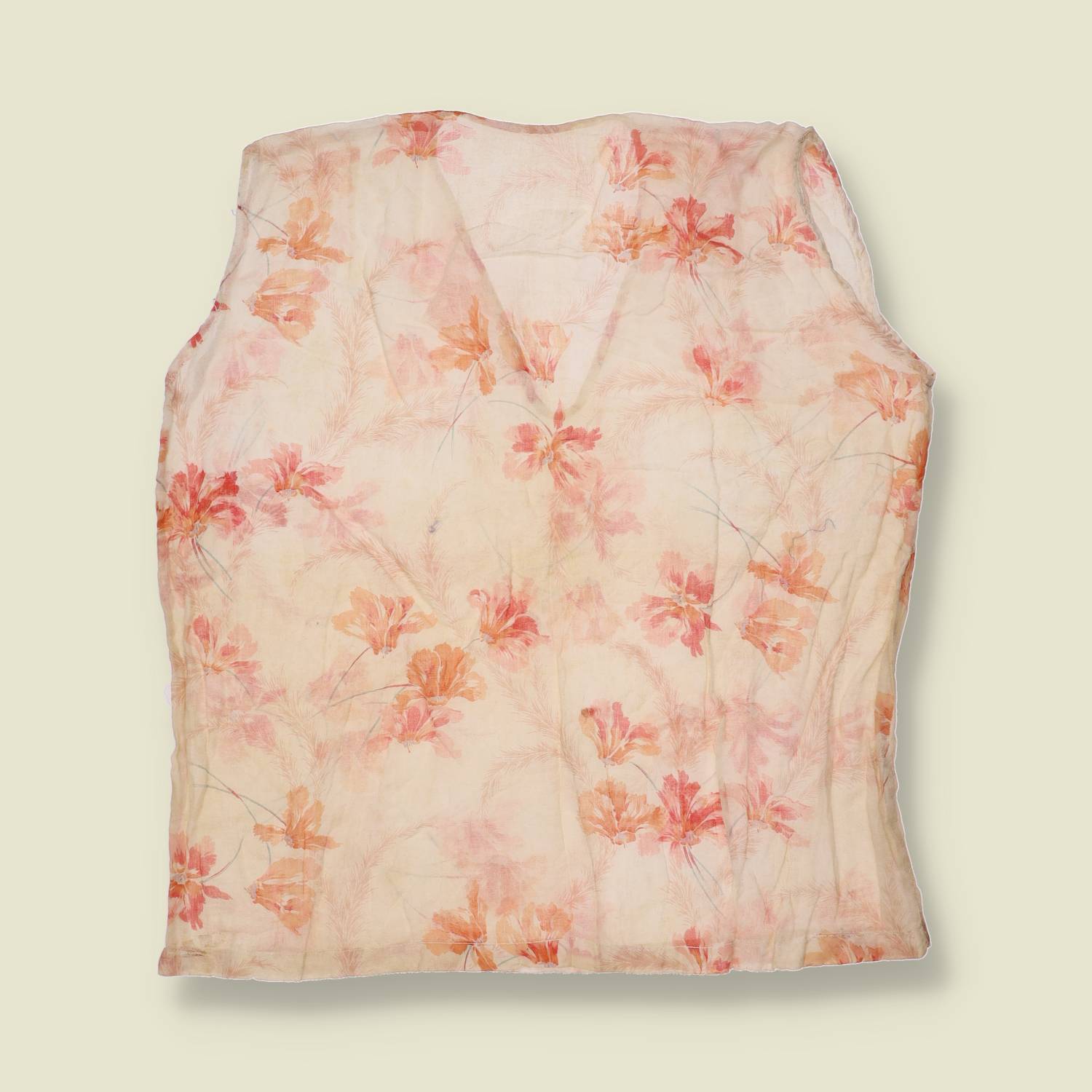 1980s | Pink Floral Print Sheer Cotton Sleeveless Blouse - 14