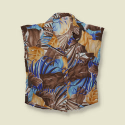 1980s | Tropical Leaf Print Sleeveless Cotton Blouse - Made in France - 16
