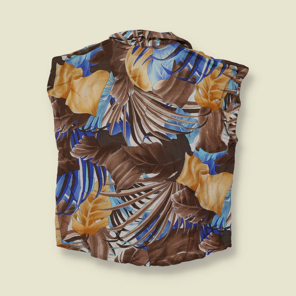 1980s | Tropical Leaf Print Sleeveless Cotton Blouse - Made in France - 16