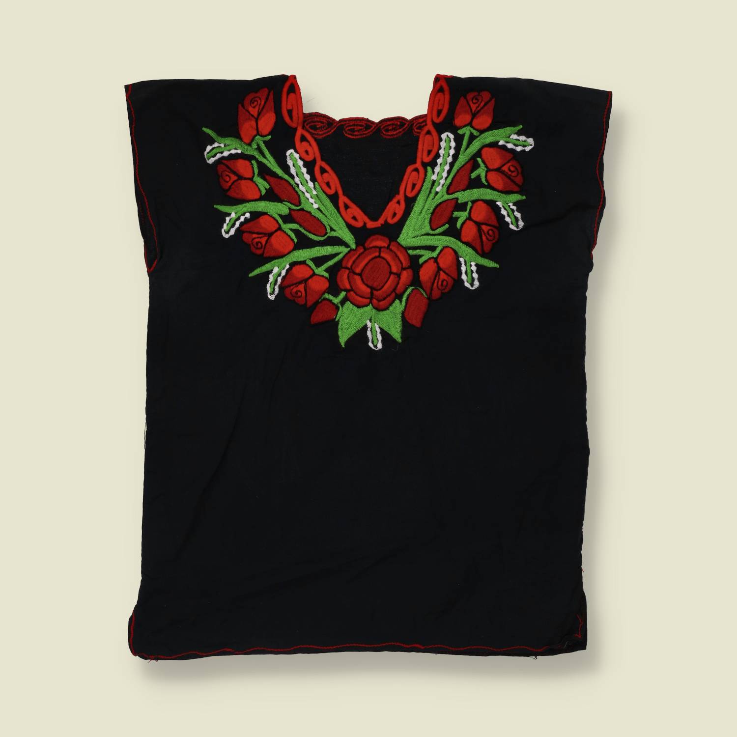 1980s | Black Hand Embroidered Folk Blouse Top - 16