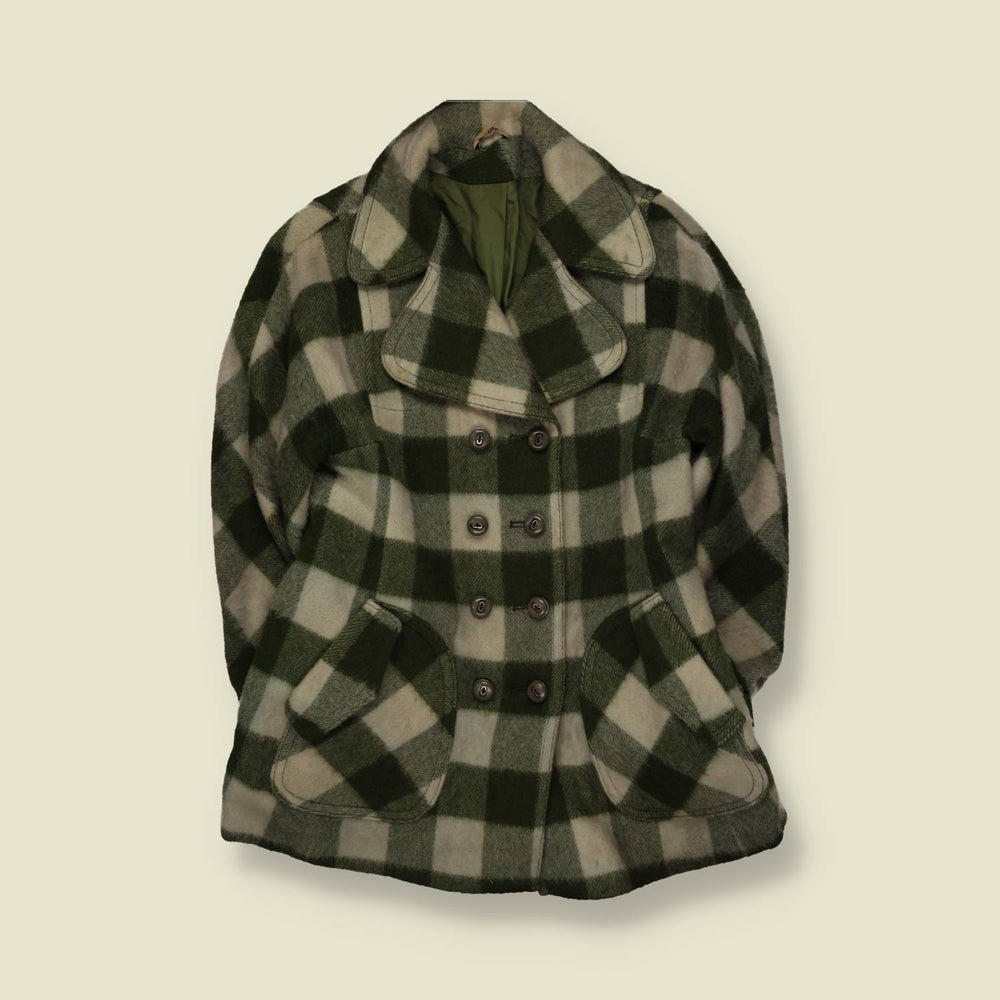 1960s | Buffalo Check Wool Coat | Green & Cream - 8