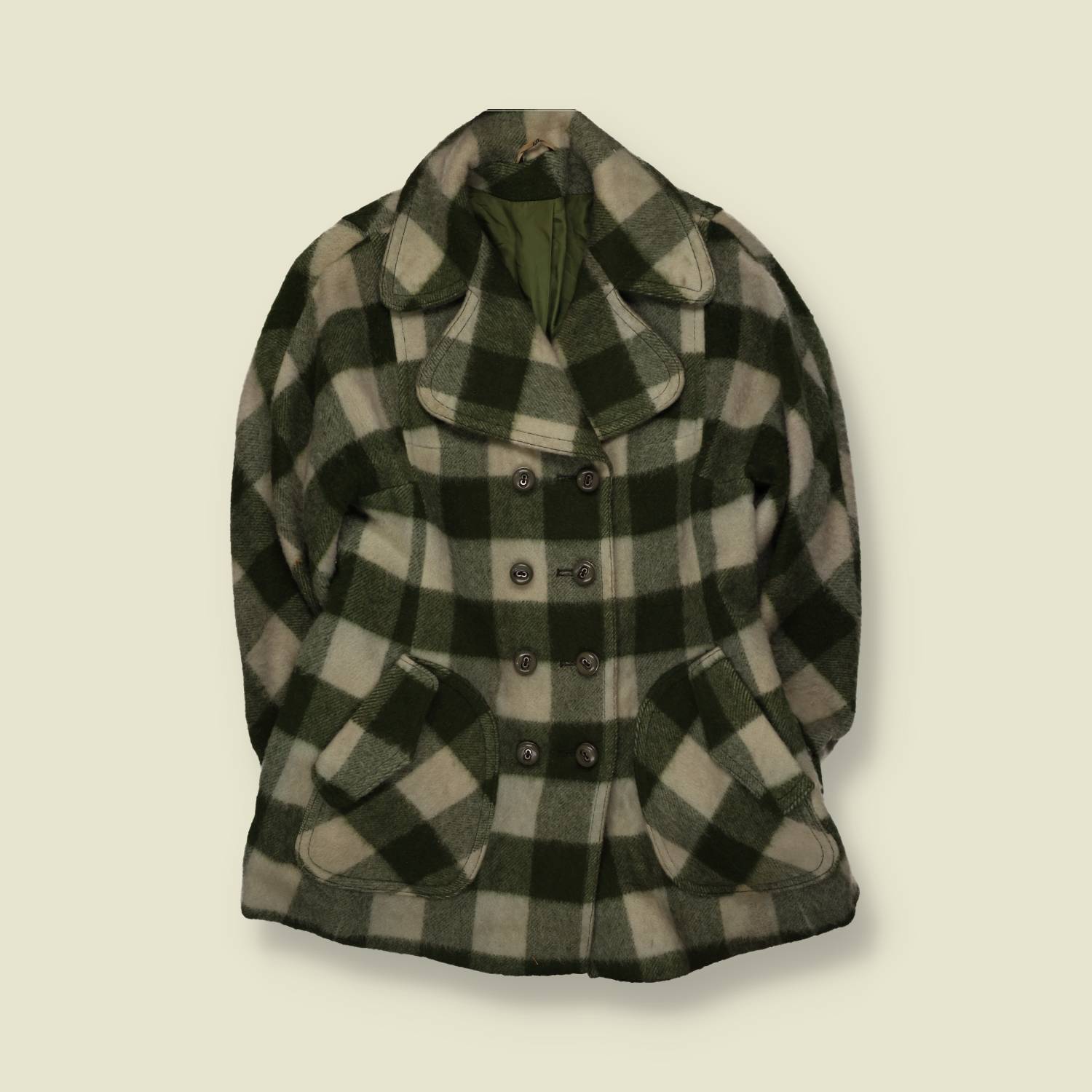 1960s | Buffalo Check Wool Coat | Green & Cream - 8