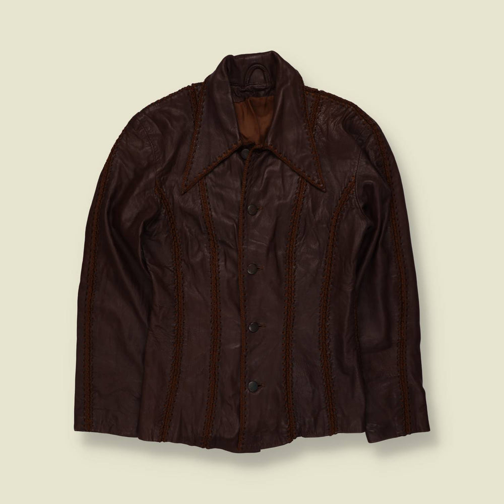 1990s | Crochet Trim Leather Jacket | Brown - 4