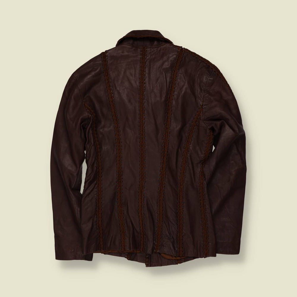 1990s | Crochet Trim Leather Jacket | Brown - 4