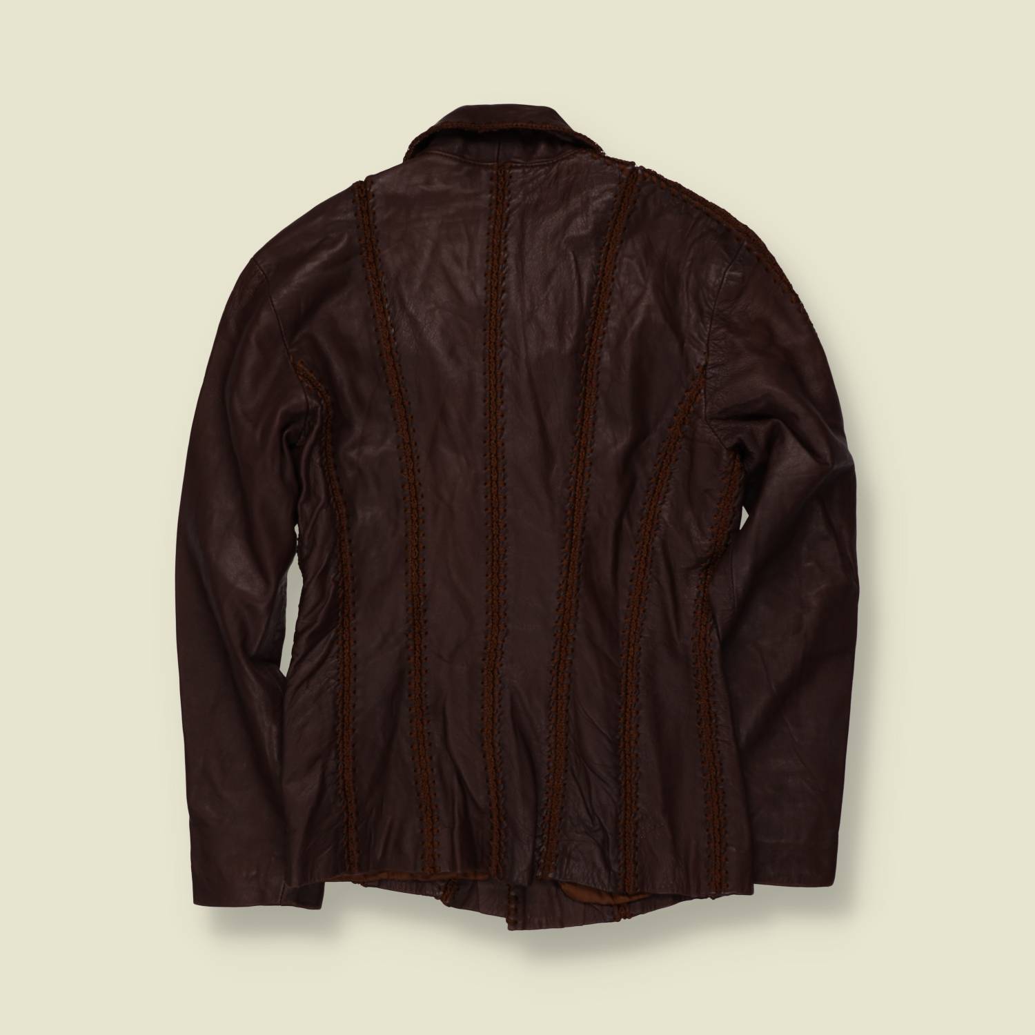 1990s | Crochet Trim Leather Jacket | Brown - 4