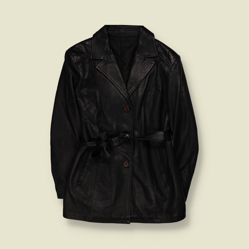1990s | Belted Leather Jacket | Black - 10