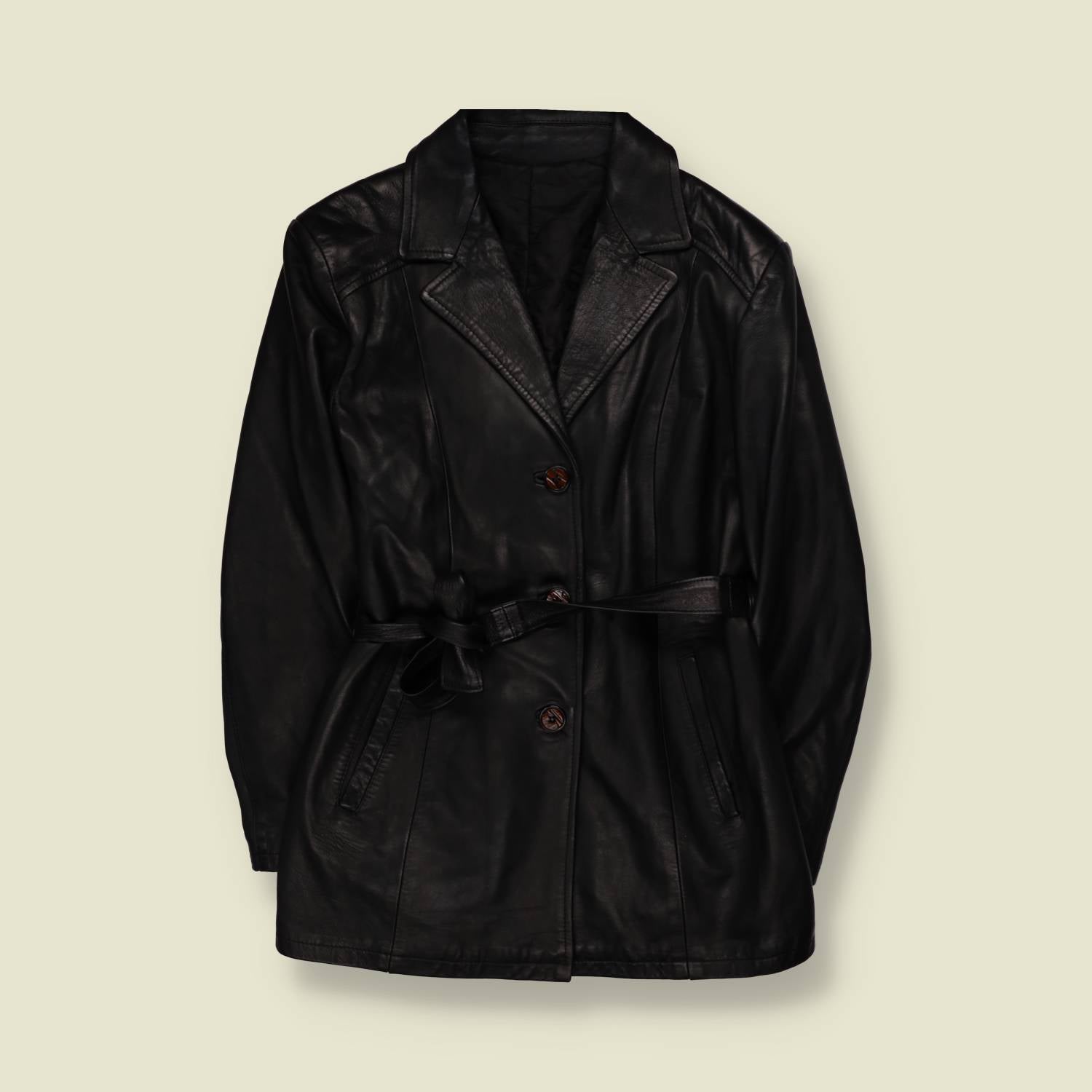 1990s | Belted Leather Jacket | Black - 10