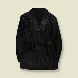 1990s | Belted Leather Jacket | Black - 10