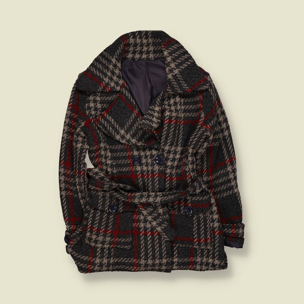 1960s | Checked Knitted Cotton Coat | Charcoal & Red - 12