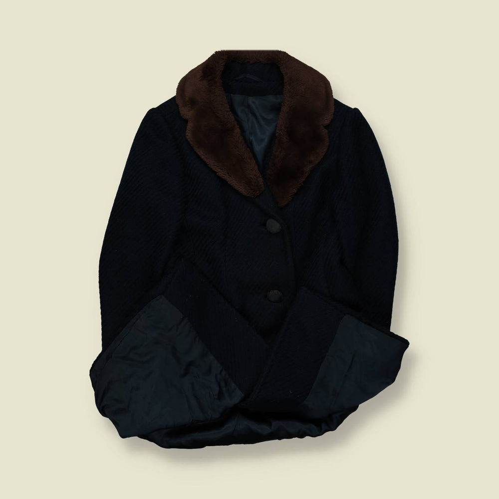1970s | Faux Fur Collar Coat | Black - 10