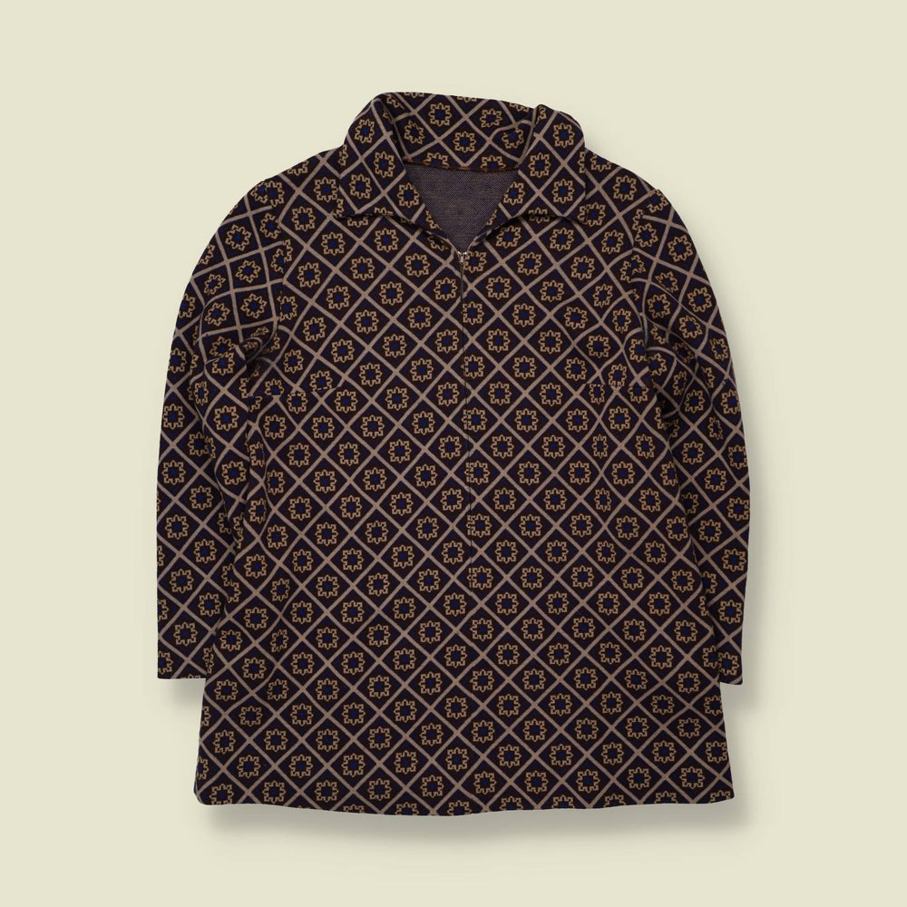 1960s | Geometric Print Smock Coat | Navy & Tan - 10