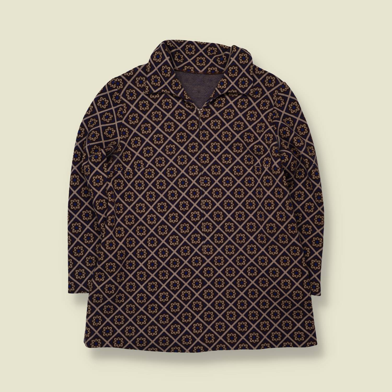 1960s | Geometric Print Smock Coat | Navy & Tan - 10