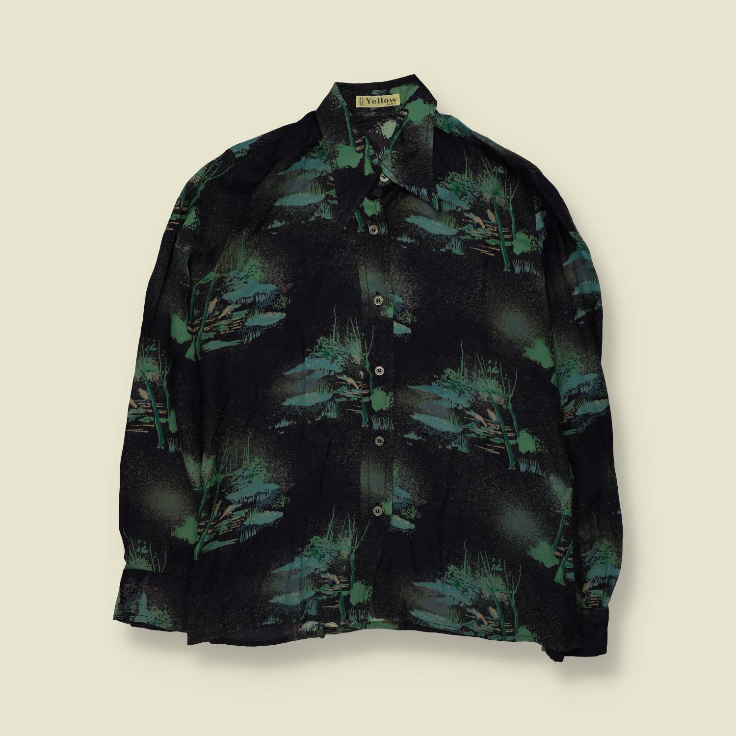 1970s | Yellow | Landscape Print Blouse | Black & Green - 16