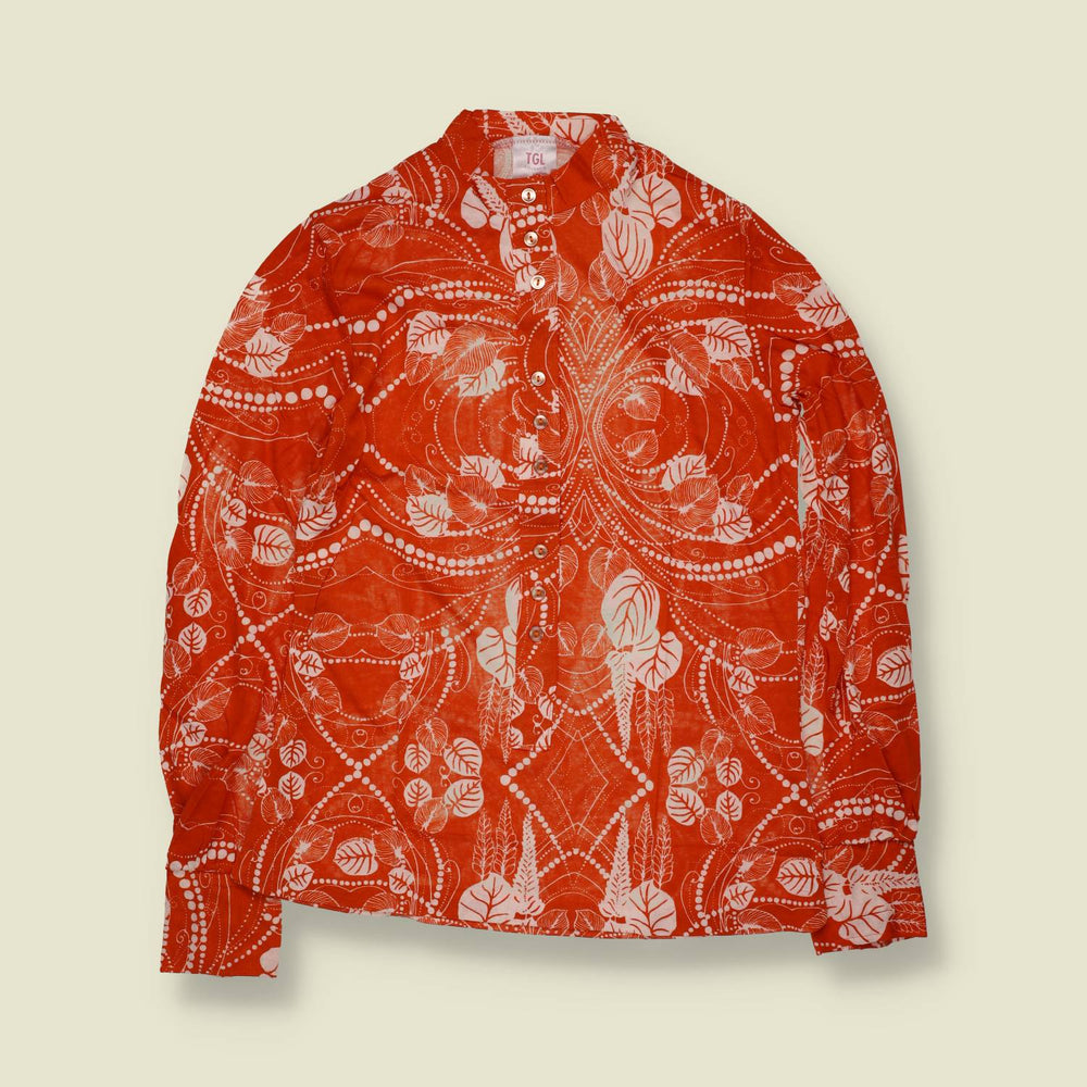 1970s | TGL | Deadstock Leaf Print Blouse | Rust & White - 8