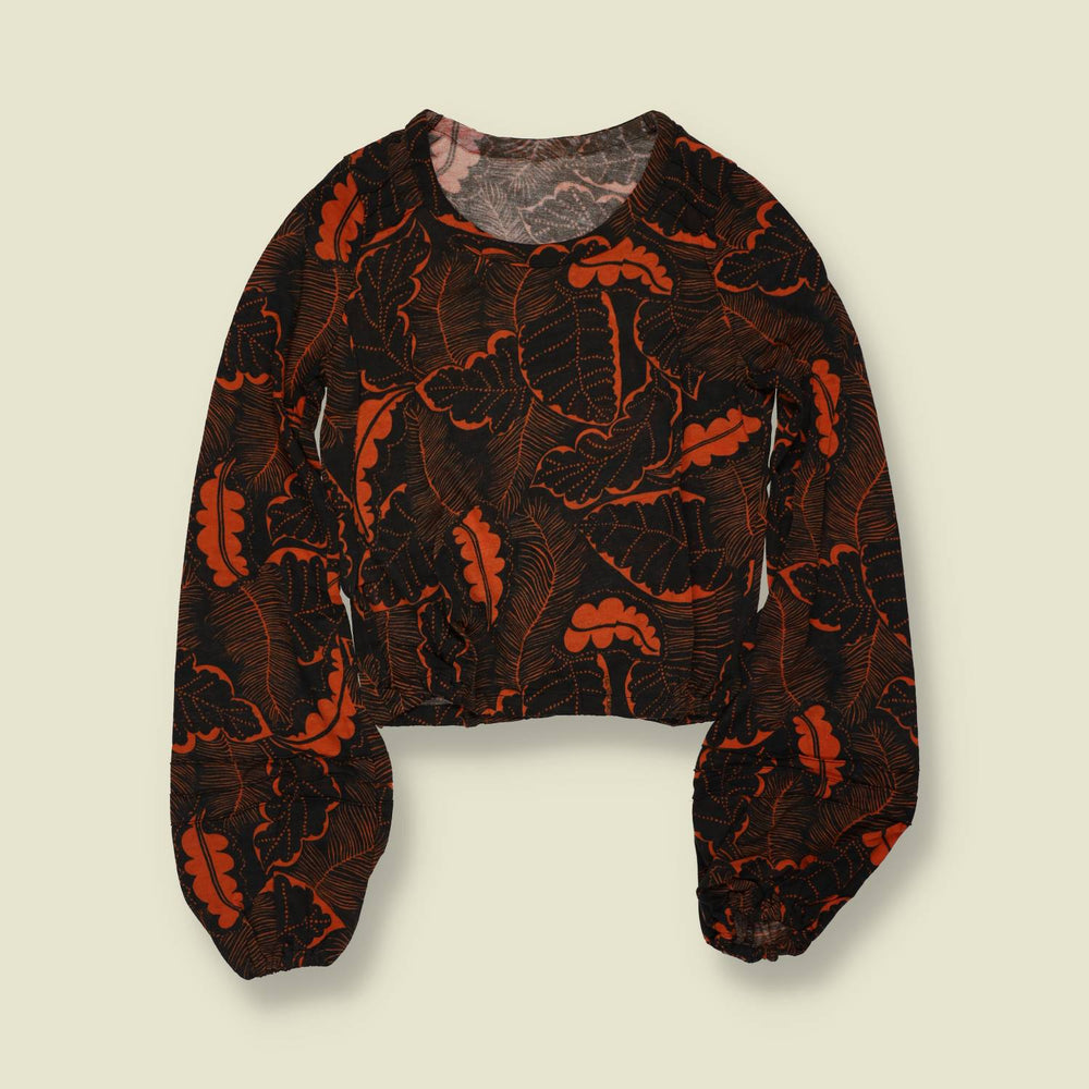 1970s | Deadstock Leaf Print Blouse | Black & Rust - 6