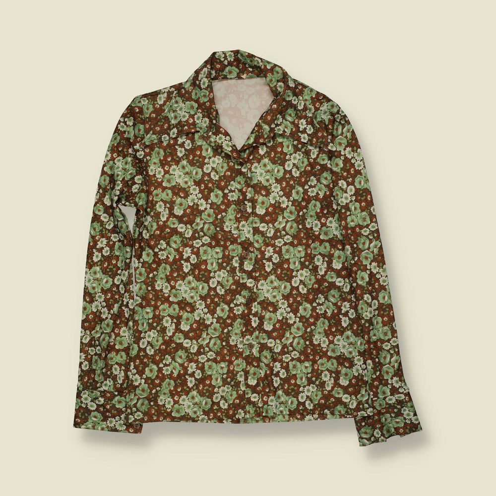 1970s | Floral Print Blouse | Green & Brown - 8