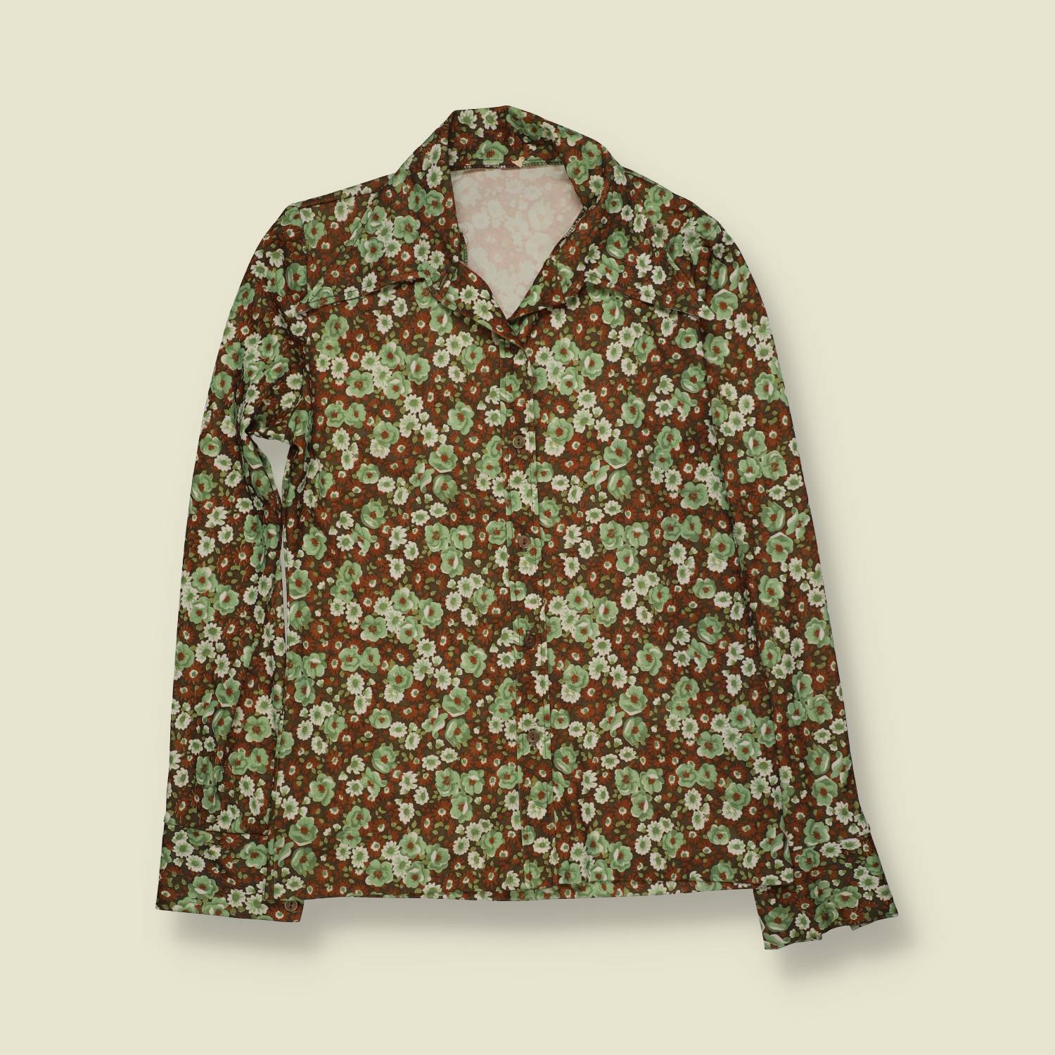 1970s | Floral Print Blouse | Green & Brown - 8