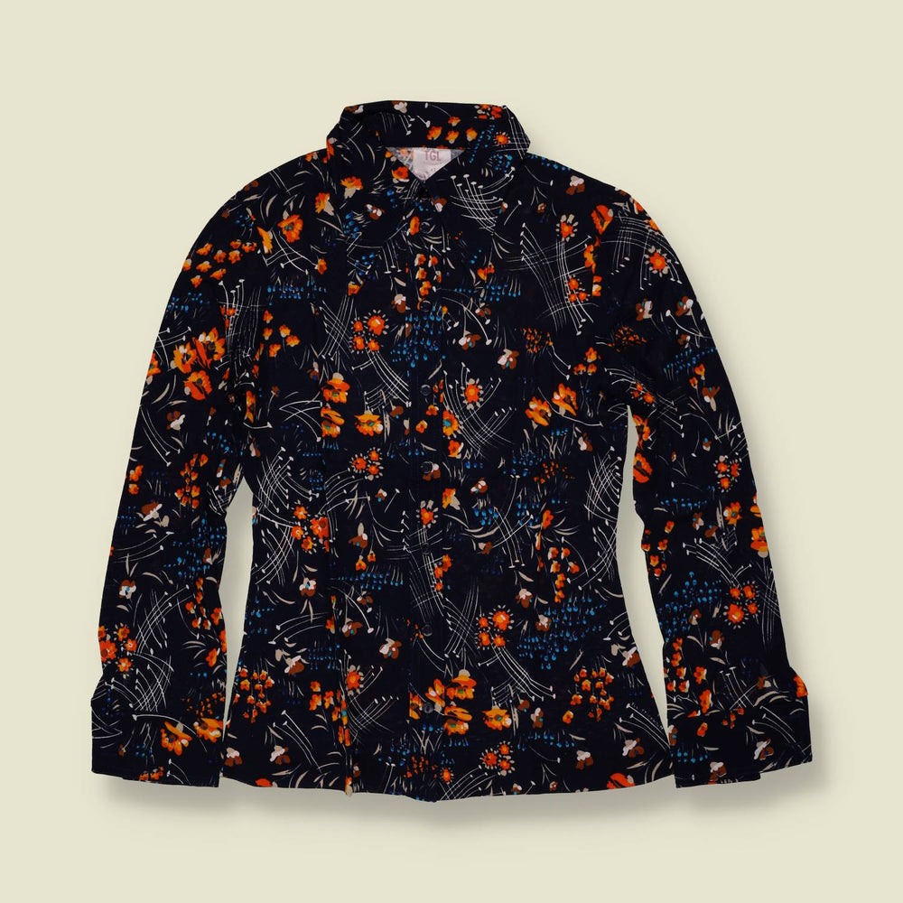 1970s | TGL | Deadstock Floral Print Blouse | Black & Orange - 8
