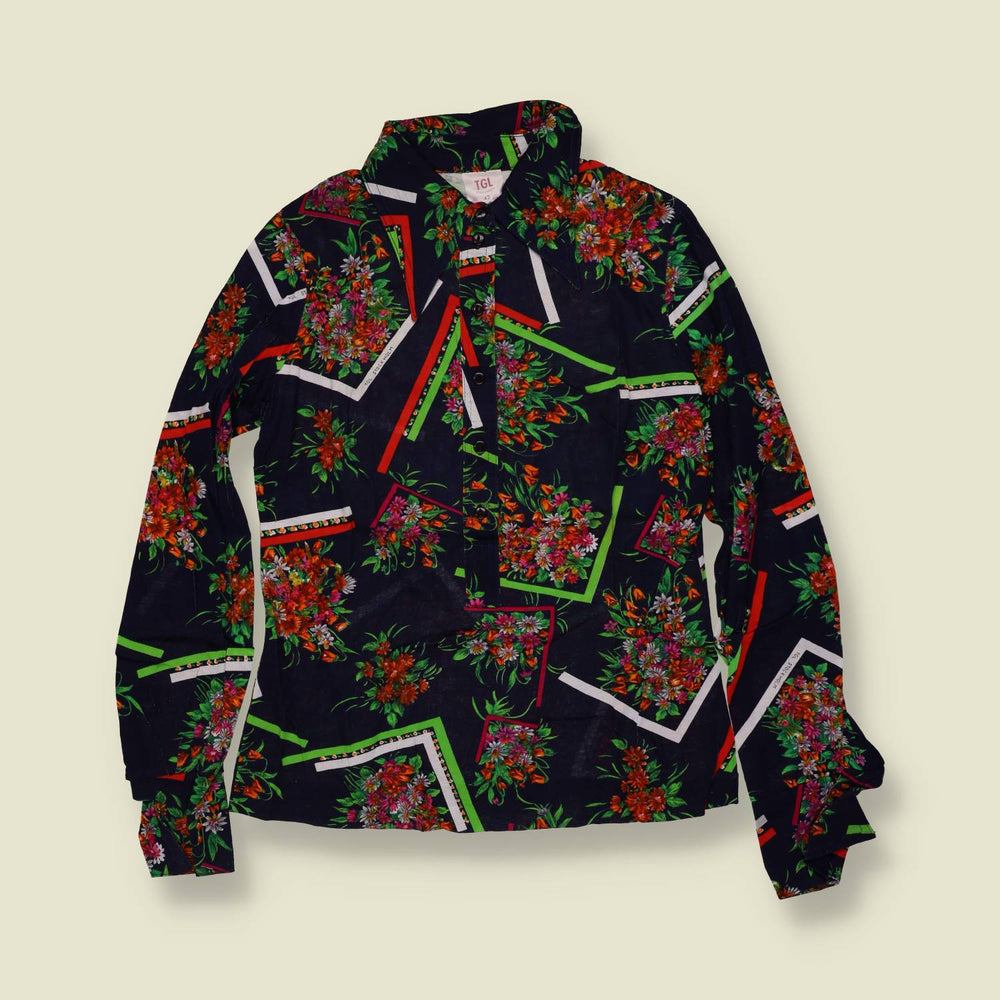 1970s | TGL | Deadstock Floral Print Blouse | Navy & Green - 8