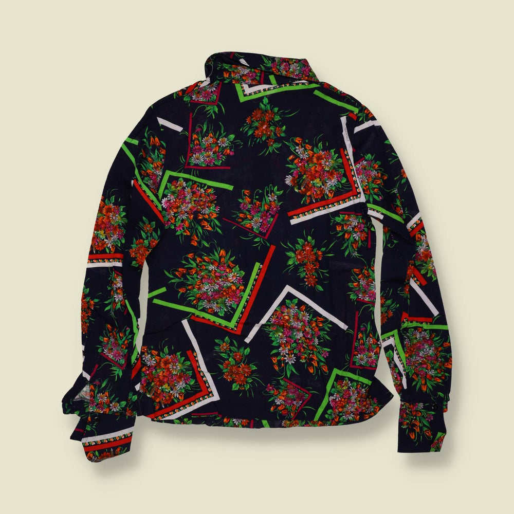 1970s | TGL | Deadstock Floral Print Blouse | Navy & Green - 8