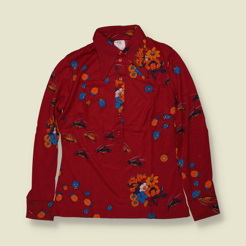 1970s | TGL | Deadstock Insect Print Blouse | Rust & Blue - 8