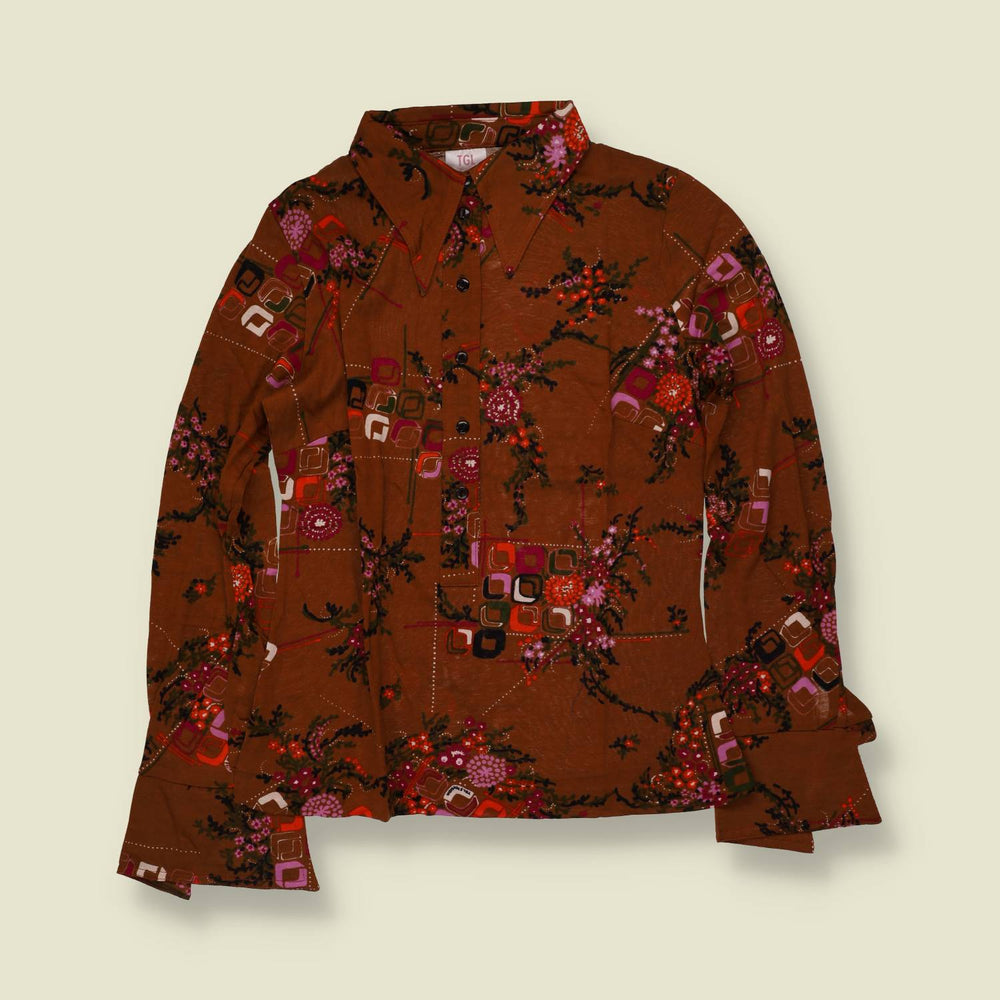 1970s | TGL | Deadstock Floral Print Blouse | Brown & Pink - 8