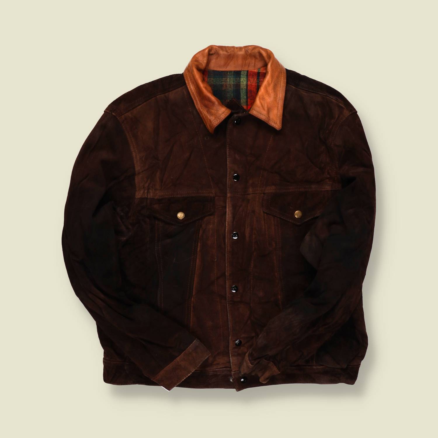 1980s | Unknown Maker | Suede Trucker Jacket – Brown with Tan Collar - S/M