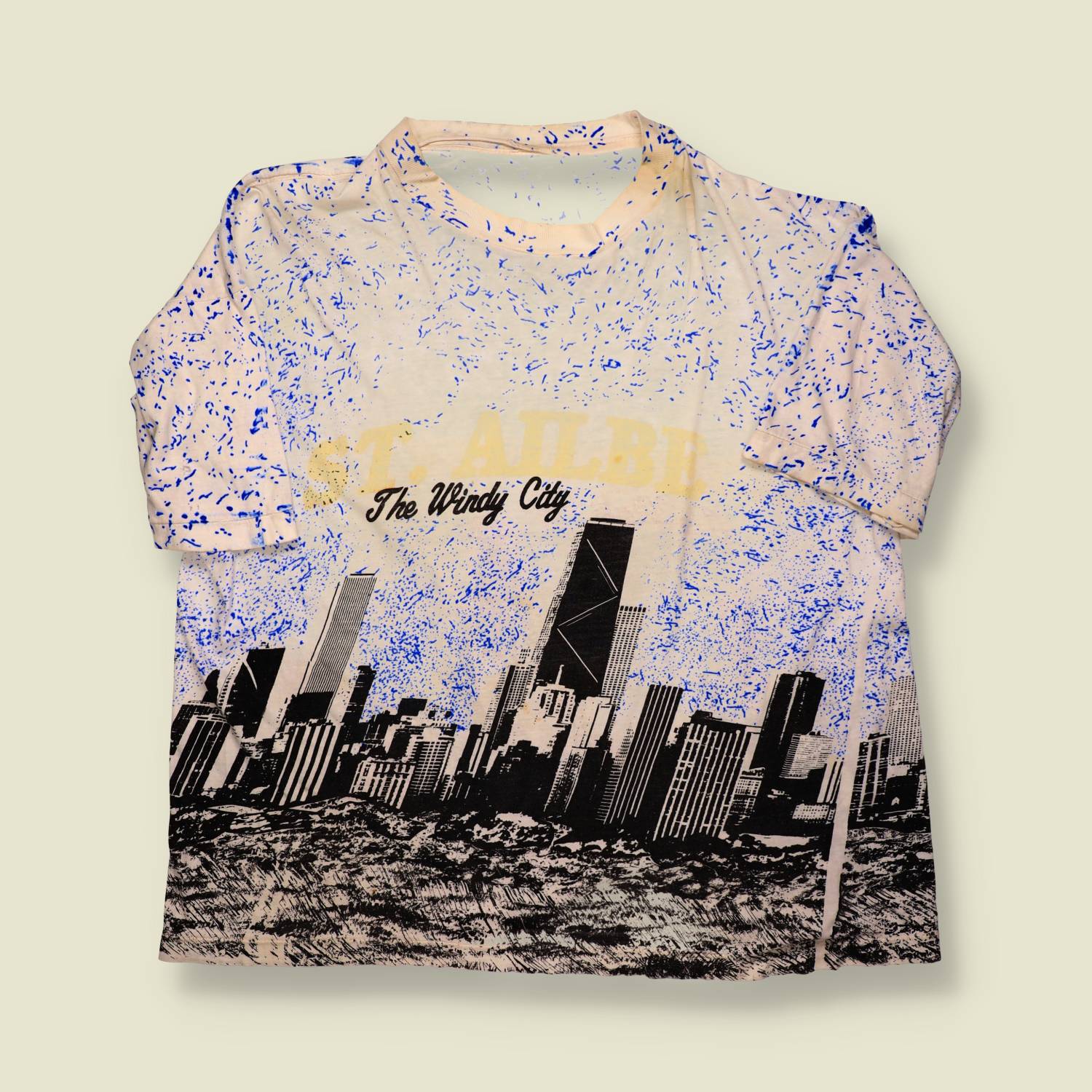 1980s | St Ailbe | Chicago “Windy City” All-Over Print T-Shirt – White/Blue - M