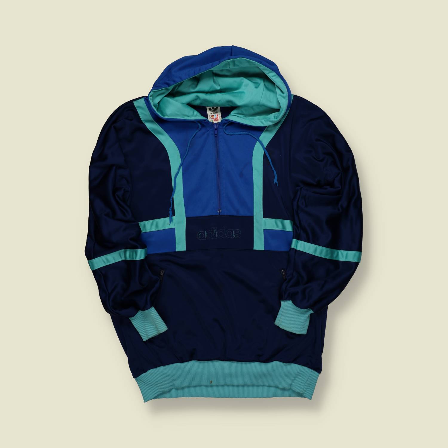 1980s | Adidas | 1/4-Zip Track Top Hoodie – Navy/Teal - M