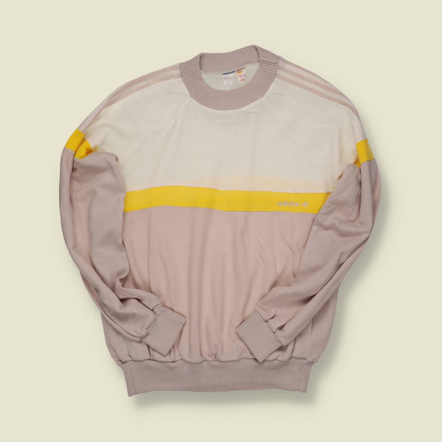 1980s | Adidas Ventex | Made in France Colour-Block Sweatshirt – Cream/Yellow/Taupe - M