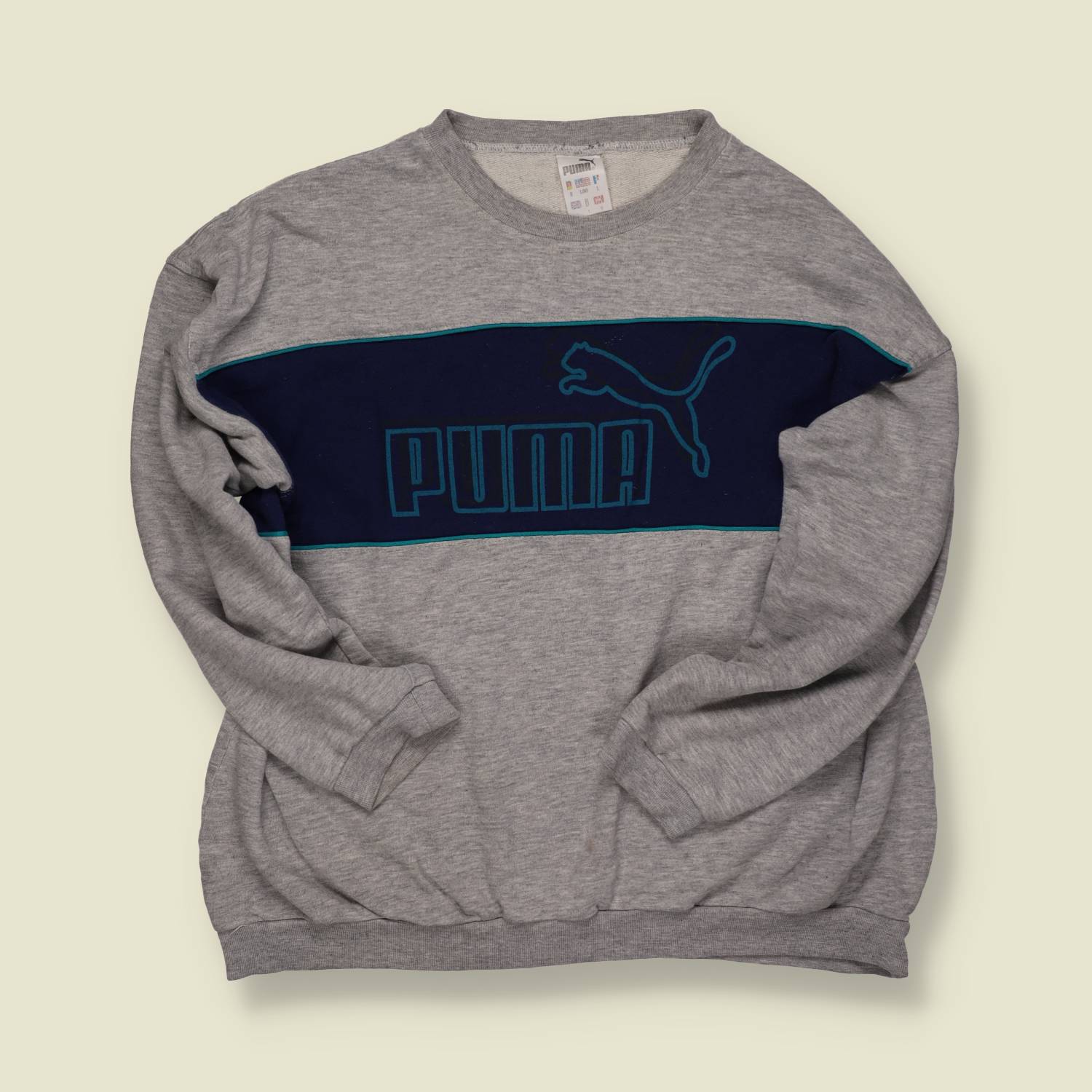 1990s | Puma | Panel Logo Sweatshirt – Grey/Navy/Teal - M/L