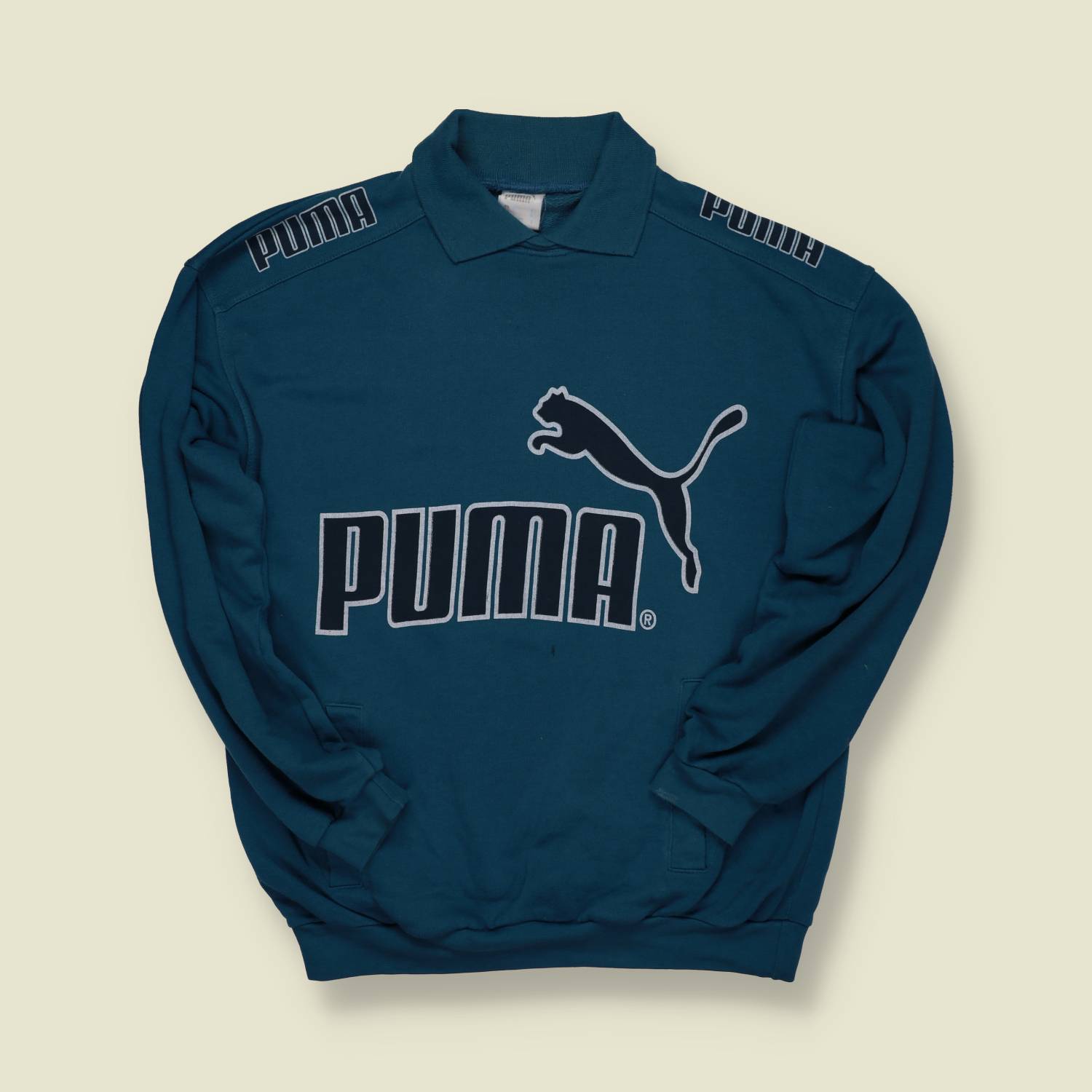 1990s | Puma | Oversized Logo Rugby-Collar Sweatshirt – Teal/Navy - S