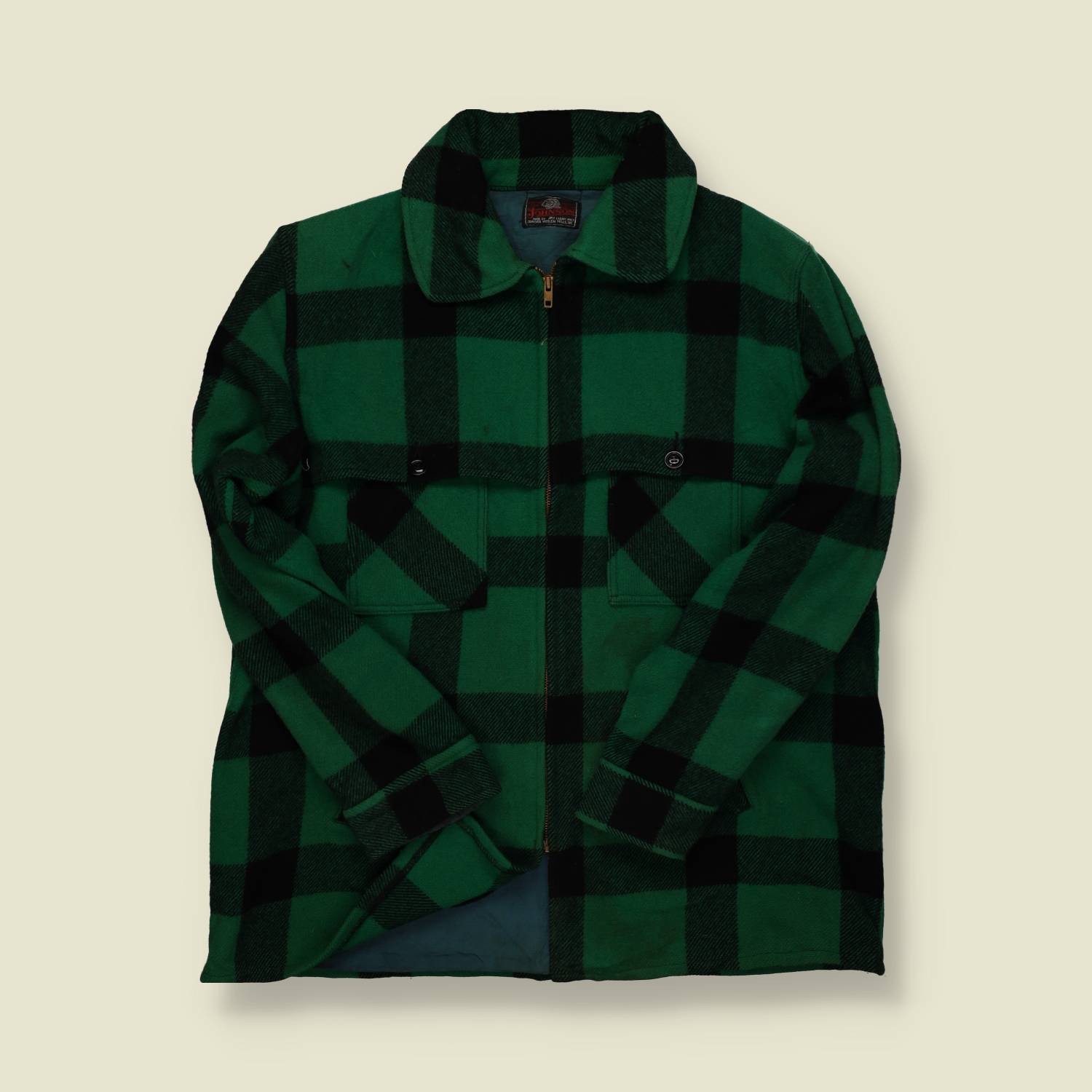 1960s | Johnson Woolen Mills | Buffalo Plaid Wool Zip Jacket – Green/Black - L