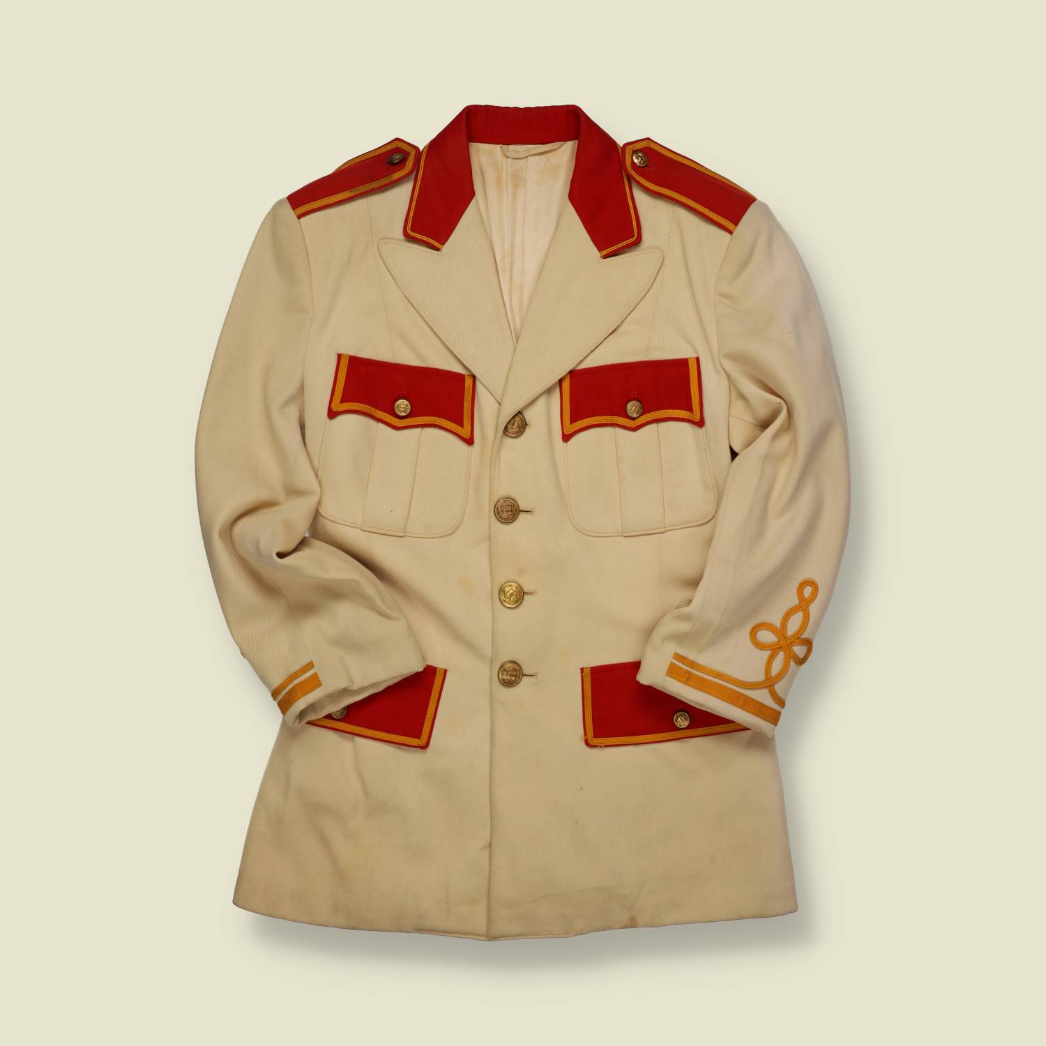 1940s-50s | Unbranded | Cream & Red Marching Band Jacket – Gold Trim - XXS/XS