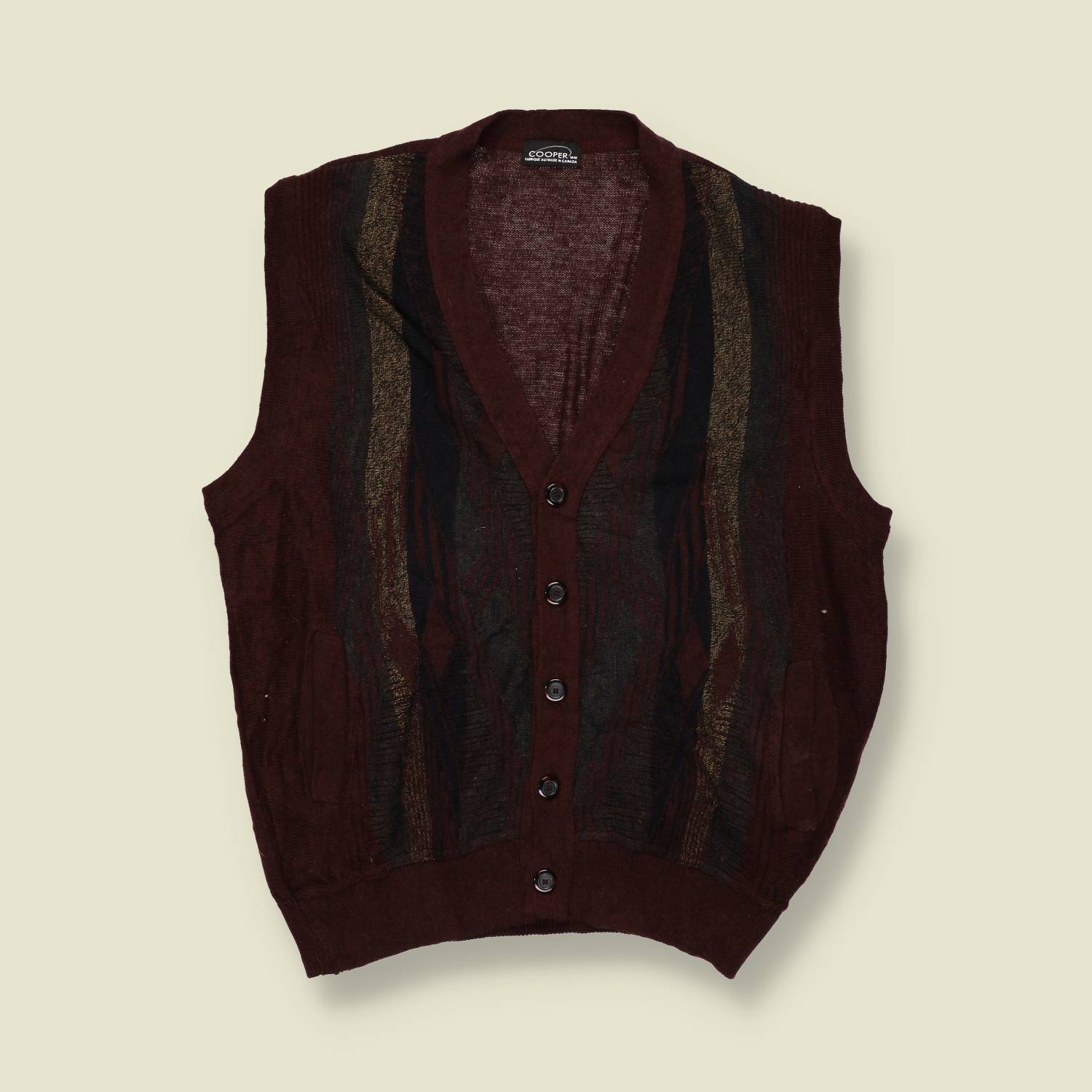 1990s | Cooper | Patterned Knit Button Vest – Brown/Black - S/M