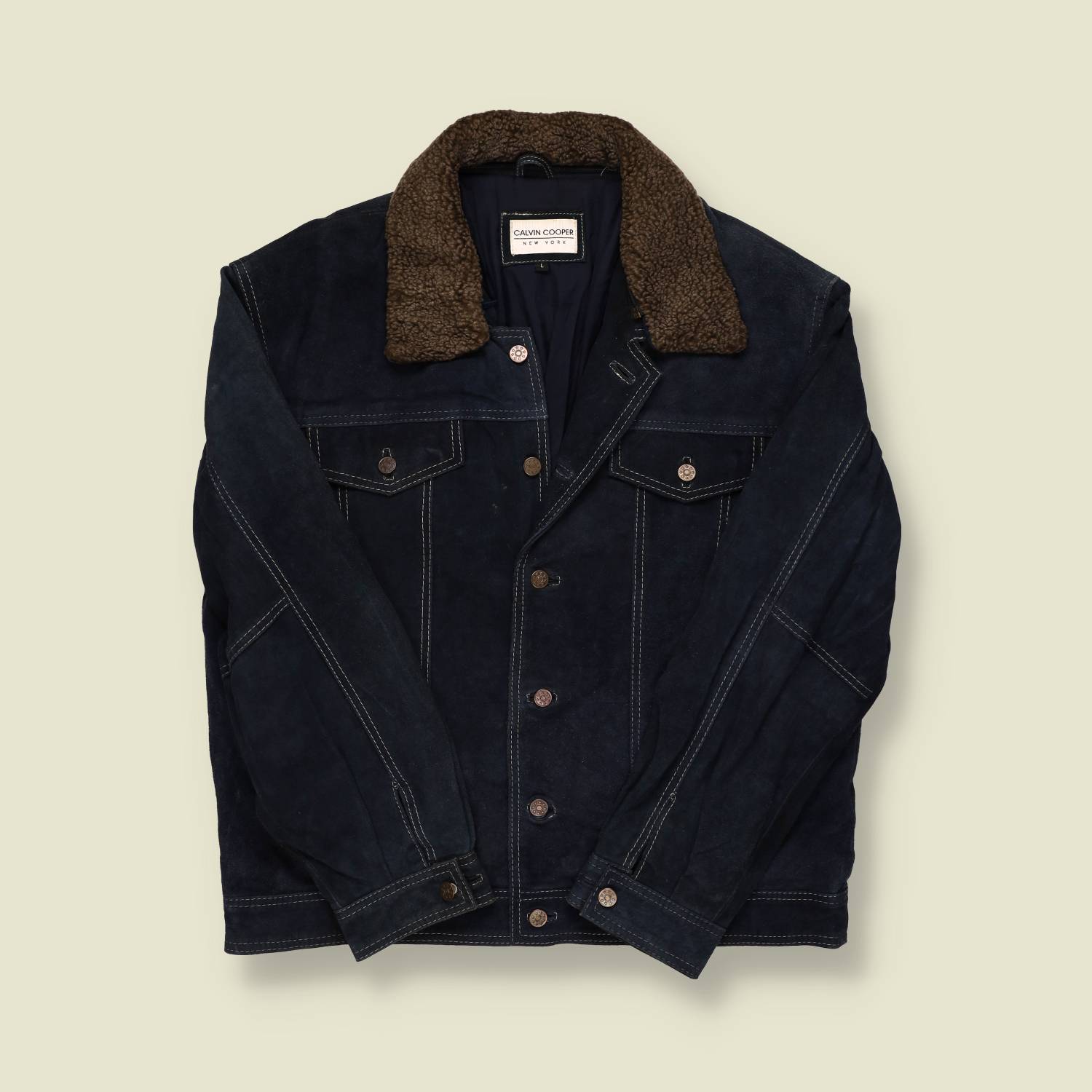 1990s–2000s | Calvin Cooper New York | Shearling-Collar Suede Trucker Jacket – Navy - L