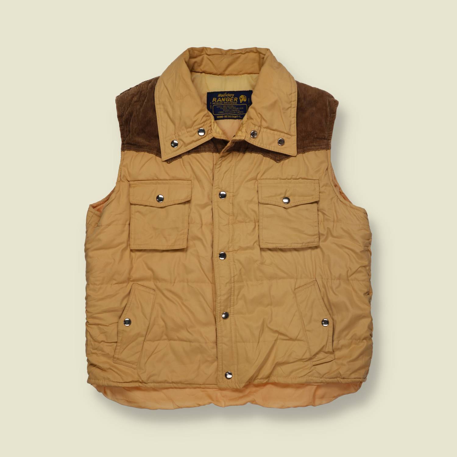 1970s | Holiday Ranger | Padded Hunting Vest – Tan & Brown Cord Collar - S