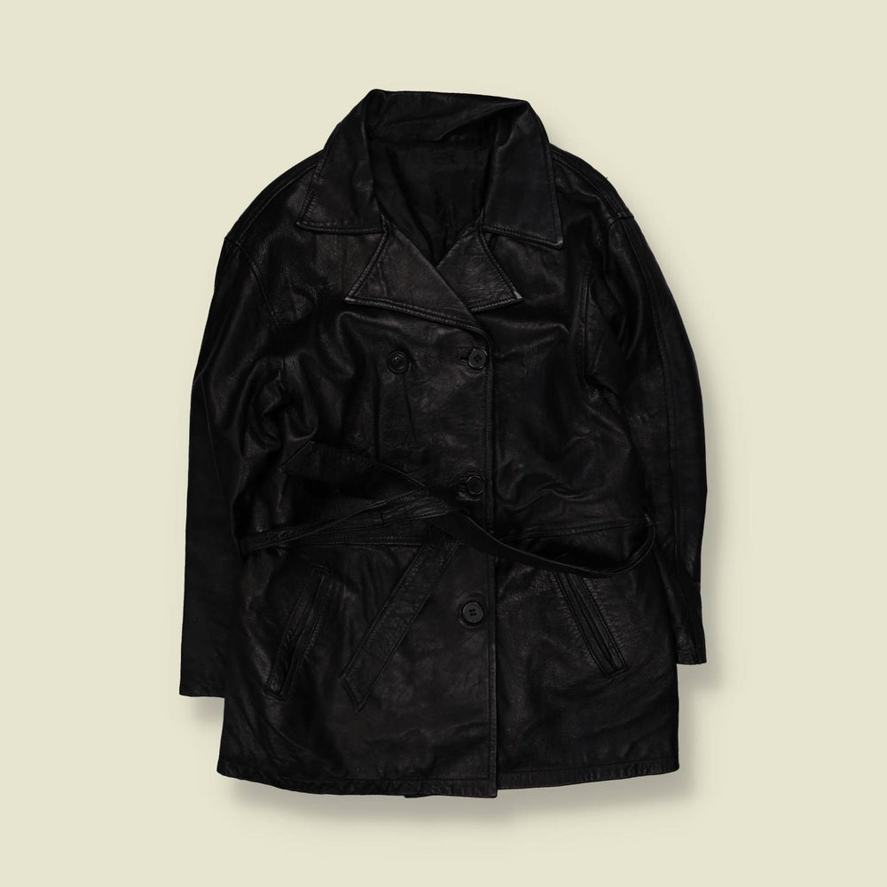1970s | Lightweight Belted Leather Coat | Black - S