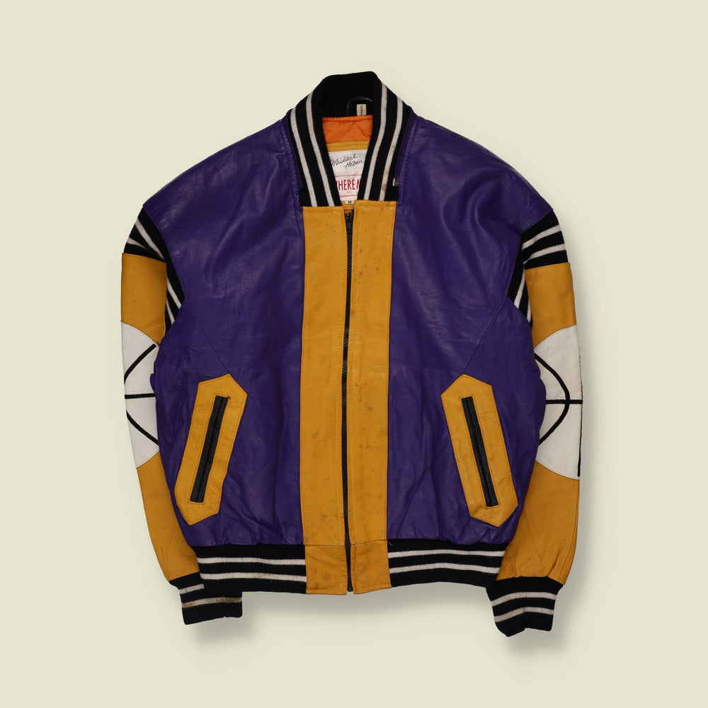 1991 Michael Hoban | Leather Basketball Jacket | Purple & Yellow - XL