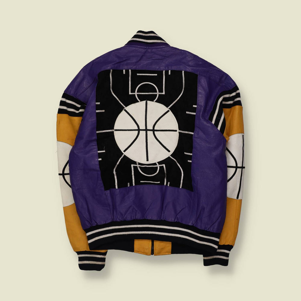 1991 Michael Hoban | Leather Basketball Jacket | Purple & Yellow - XL