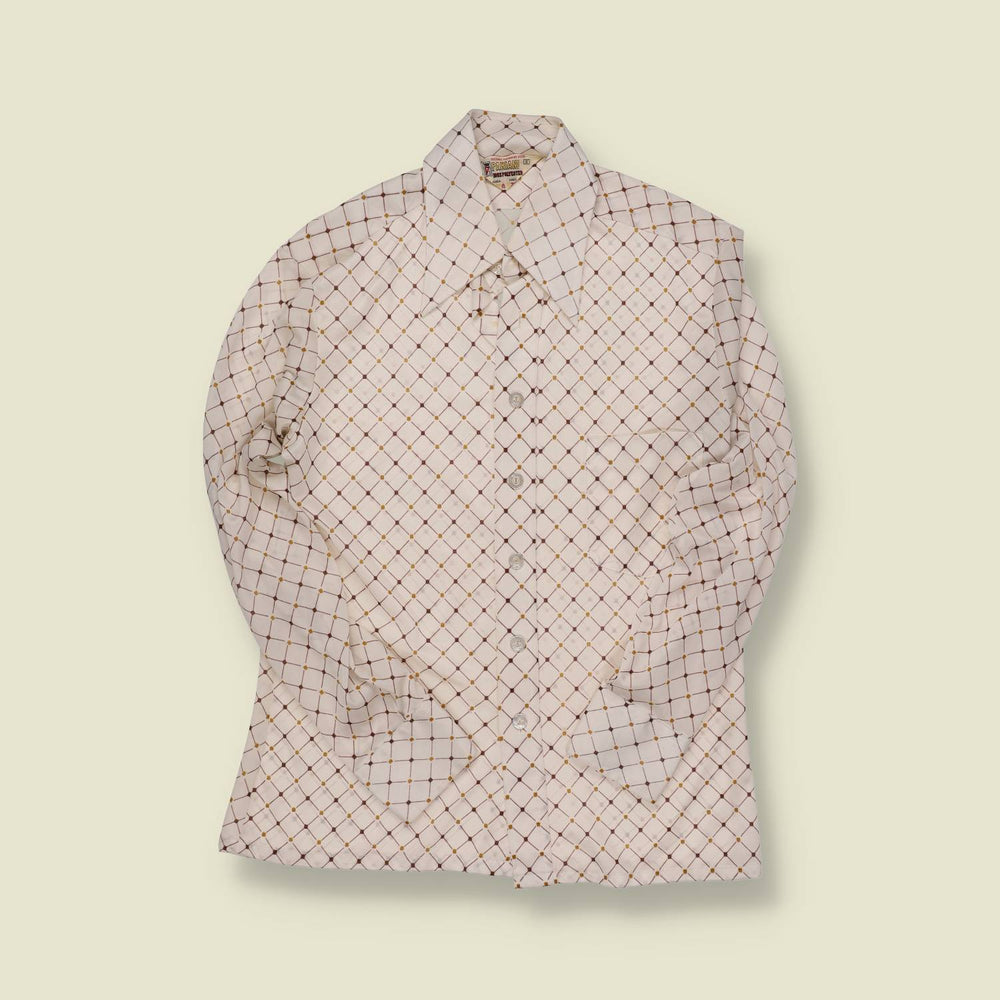 1970s | Parianai | Geometric Print Disco Shirt – Cream/Gold - XS