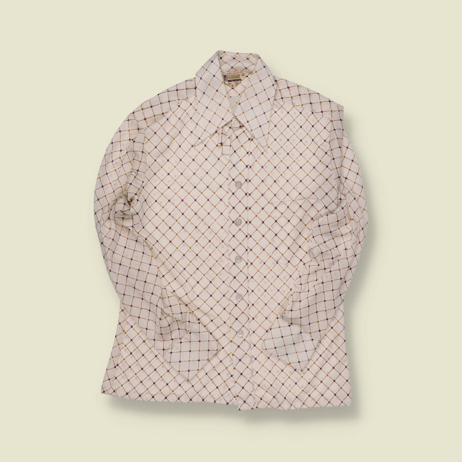 1970s | Parianai | Geometric Print Disco Shirt – Cream/Gold - XS