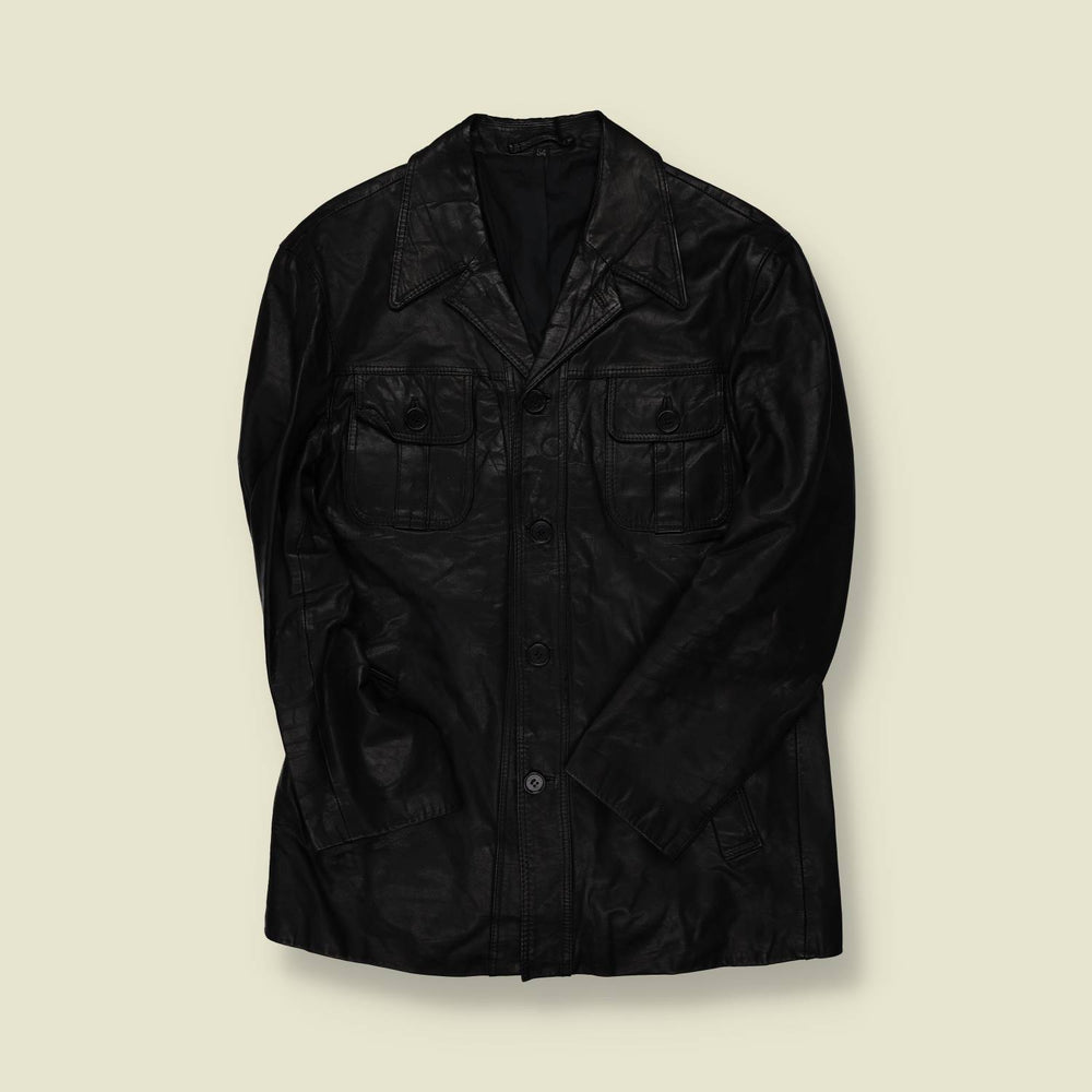 1970s | Unbranded | Black Leather Car Coat - S