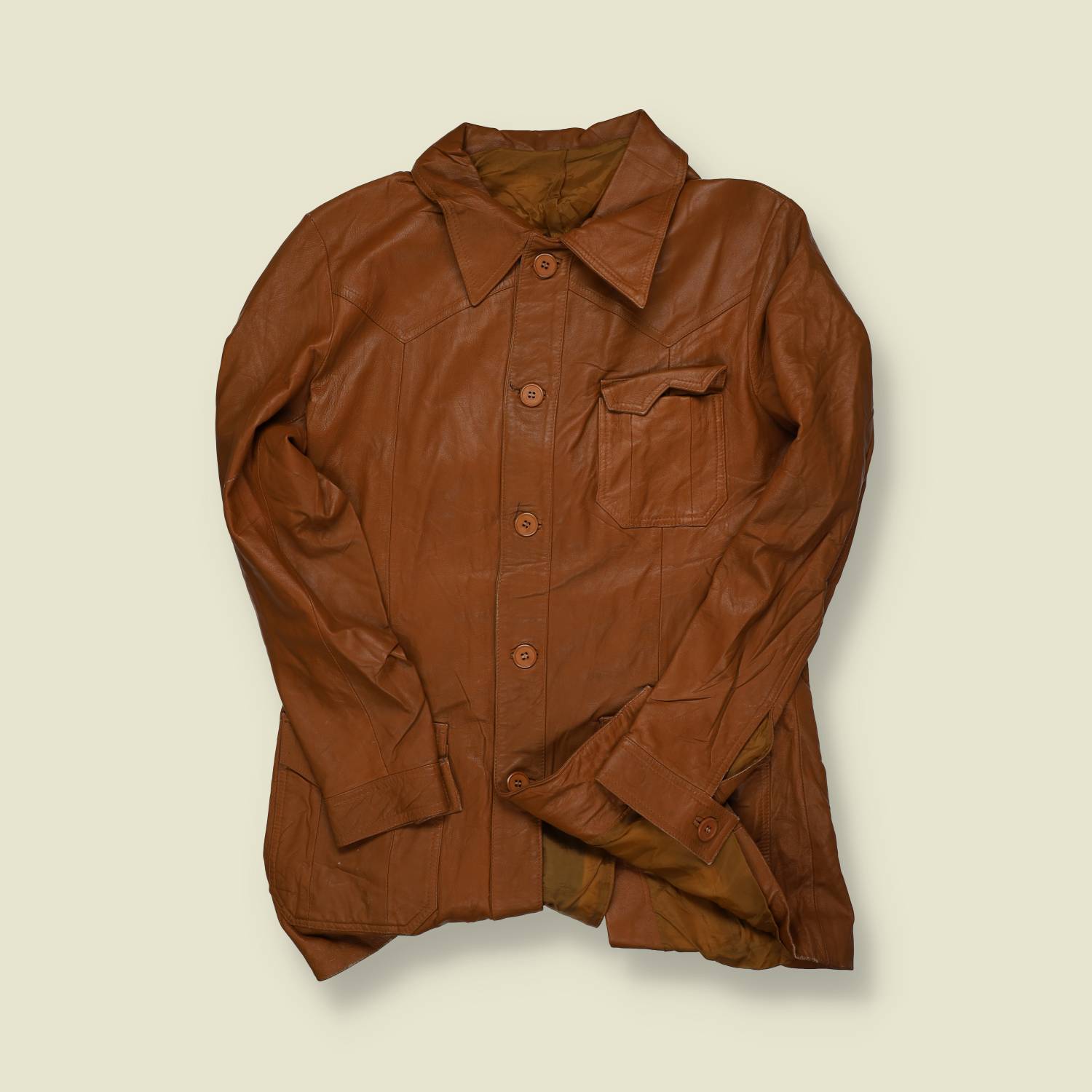 1970s | Unbranded | Tan Leather Car Coat - S
