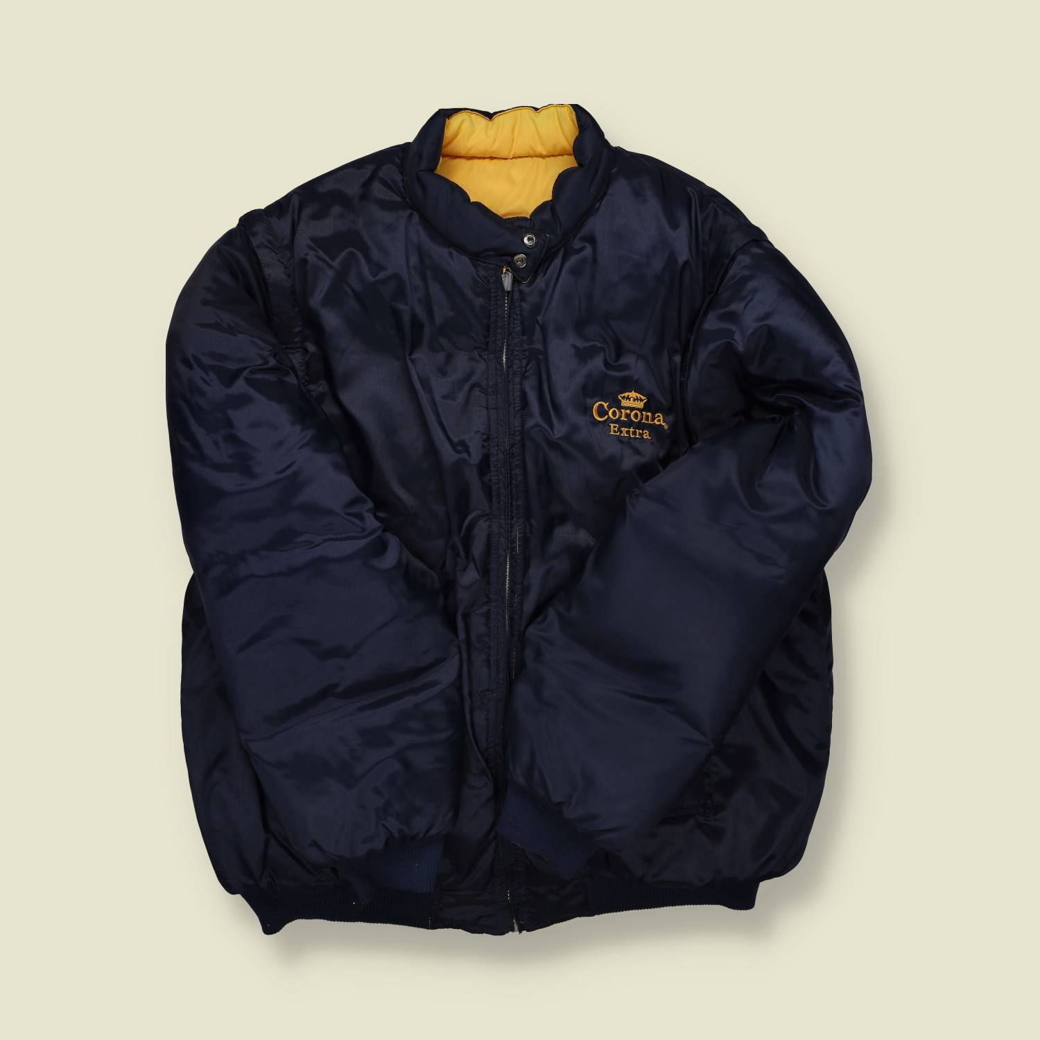 1990s | Corona Extra | Reversible Puffer Jacket – Navy/Yellow - L