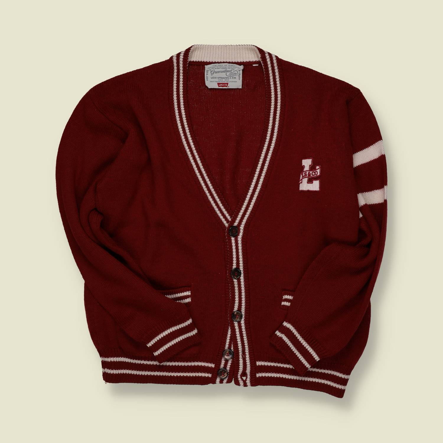 1990s | Levi’s | Letterman-Style Cardigan – Maroon/Cream - S