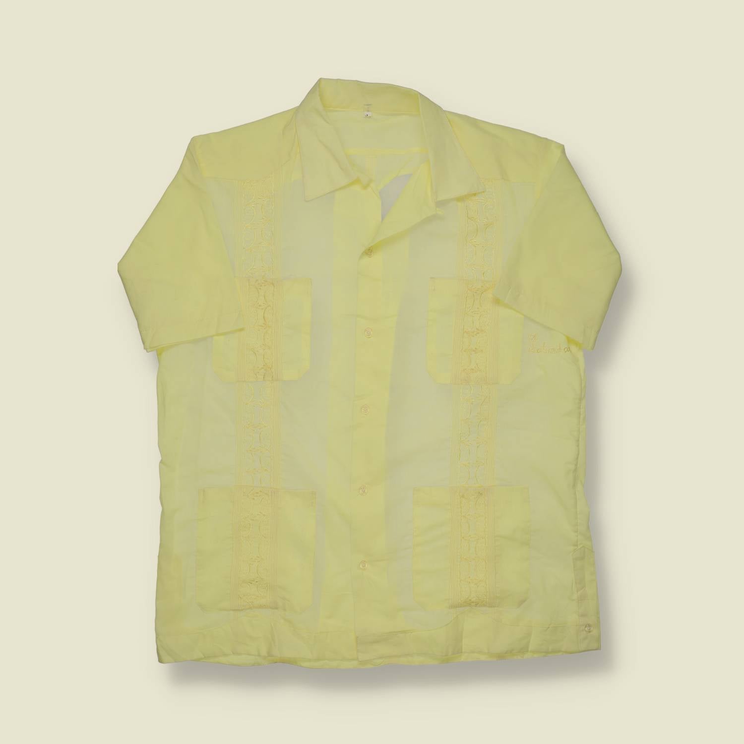 1980s | Unbranded | Guayabera Shirt – Pale Yellow - M/L